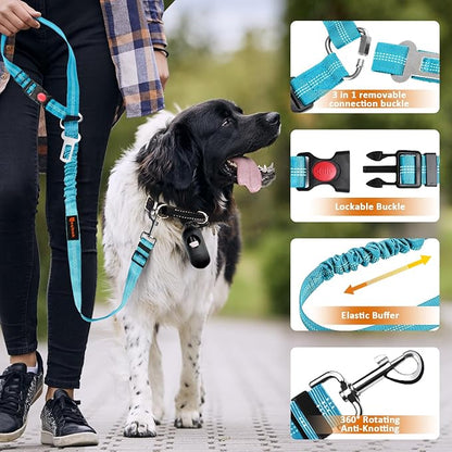 Removable Dog Seat Belt Harness for Car, 3 in 1 Pet Dog Car Seatbelt Leash, Retractable Restraint Secures to Vehicle Headrest & Adjustable Reflective Bungee Dog Seatbelt Tether, Blue - PAWPICO