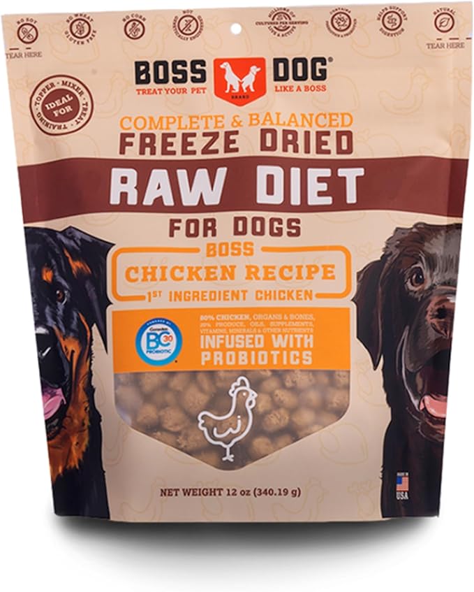 Complete & Balanced Freeze Dried Raw Diet for Dogs, Chicken Recipe, 12 oz Bag BossDogBrand