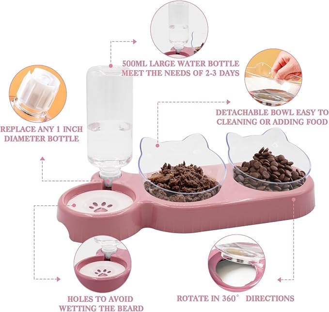 Triple Cat Bowls,15°Tilt 3-in-1 Water Feeder Bowls Cat Double Food Bowls with Automatic Water Bottle Bowl, Whisker Friendly Wet and Dry Cat Elevated Feeding Dishes for Small Cat and Puppy (Pink) - PAWPICO