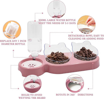 Triple Cat Bowls,15°Tilt 3-in-1 Water Feeder Bowls Cat Double Food Bowls with Automatic Water Bottle Bowl, Whisker Friendly Wet and Dry Cat Elevated Feeding Dishes for Small Cat and Puppy (Pink) - PAWPICO