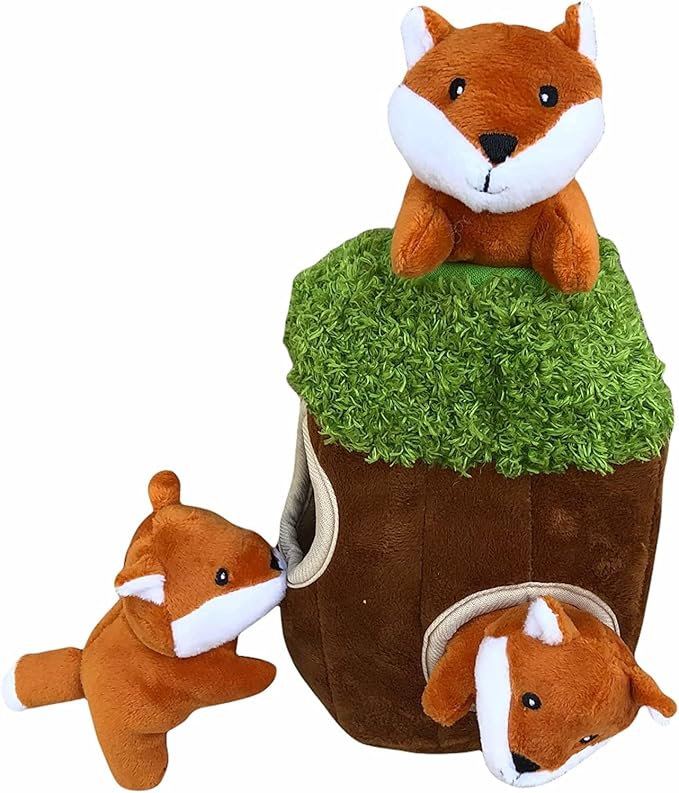 Fox in Tree Hide and Seek Dog Toy for Small and Medium Size Dogs, Plush Fox Inside Trunk Dog Toy with Squeaker, Interactive Burrow Dog Toy (Tree with Fox, Small) - PAWPICO