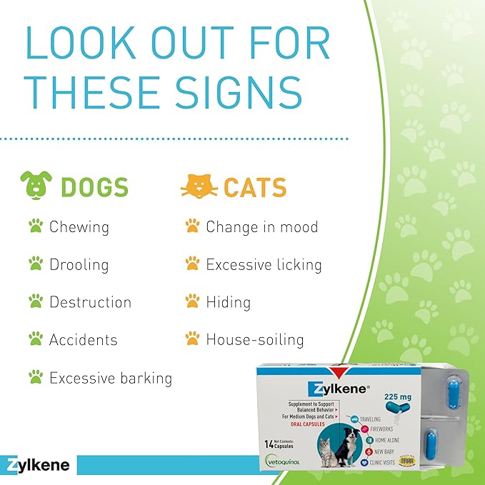 Vetoquinol Zylkene Behavior Support Capsules for Medium Dogs 33-65lbs, Calming All Natural Milk Protein Supplement, Helps Relieve Dog Anxiety During Fireworks and Thunder, 225mg Vetoquinol