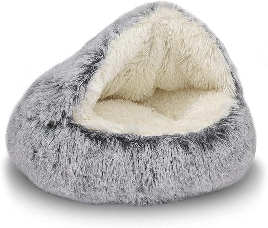 ShinHye Cat Bed Round Plush Fluffy Hooded Cat Bed Cave, Cozy for Indoor Cats or Small Dog beds, Soothing Pet Beds Dog Cave Bed - Waterproof Bottom Washable, (26×26inch, Grey) - PAWPICO