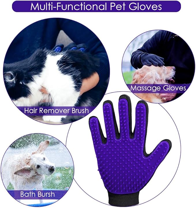 Upgrade Version Pet Grooming Glove - Gentle Deshedding Brush Glove - Efficient Pet Hair Remover Mitt - Enhanced Five Finger Design - Perfect for Dog & Cat with Long & Short Fur - 1 Pair (Purple) - PAWPICO