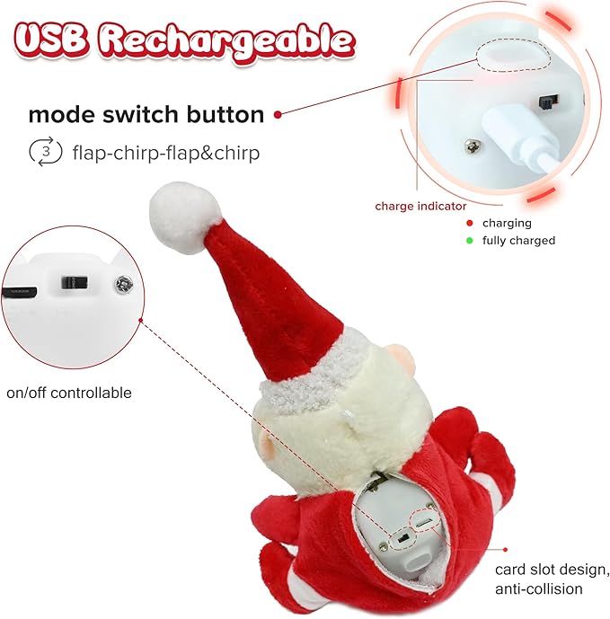 Cat Toys Intelligent Flapping Santa Clause, Interactive Christmas Cat Toys for Indoor Cats Chase Exercise, Suitable for Cat Teaser Stick, Music Melody, 3 Modes, Rechargeable - PAWPICO