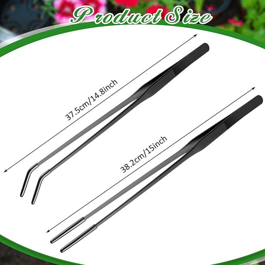 Lasnten 2 Pcs Extra Long Stainless Steel Reptile Feeding Tongs with Rubber Tip Bearded Dragon Aquarium Straight and Curved Long Tweezer Terrarium Feeder Tool for Tank(Black, 15 Inch) Lasnten