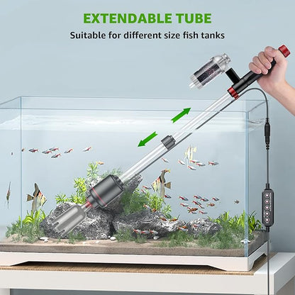 36W Fish Tank Vacuum Gravel Cleaner: Electric Aquarium Cleaner Vacuum with Strong Suction for Water Change Wash Sand Water Shower and Water Circulation, Timed Off Suness