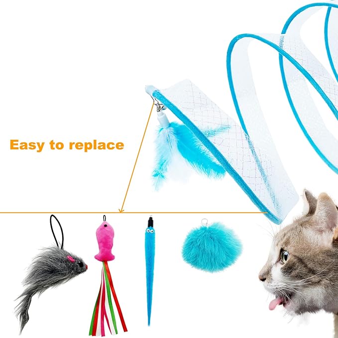 Spiral Tunnel Cat Toy, Self Play Cat Hunting Spiral Tunnel Toy Spiral Cat Toy, Folded Cat Tunnel Spring Toy for Indoor Cats (Blue) - PAWPICO
