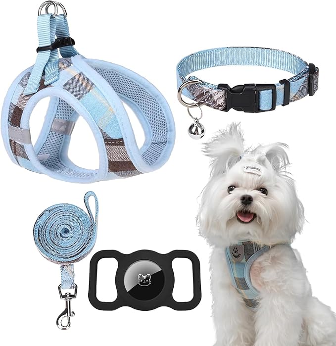 EXPAWLORER Classic Plaid Puppy Harness - Small Dog Harness and Leash Set - Dog Collar and Leash Set with AirTag Holder, Soft Padded Step in Dog Vest Harness No Pull Reflective for Outdoor, Blue M EXPAWLORER