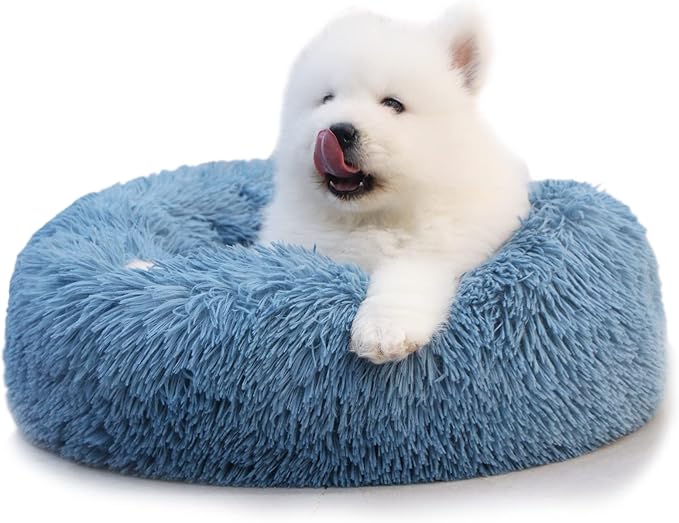 Comfy Calming Dogs Bed for Deep Sleep Small Puppy ，Puppy Bed with Fluffy Donut is for Anxiety Small Dogs，19" Round Soft Faux Fur Pet Bed for Small Dogs Under 15 lbs Machine Washable Blue - PAWPICO