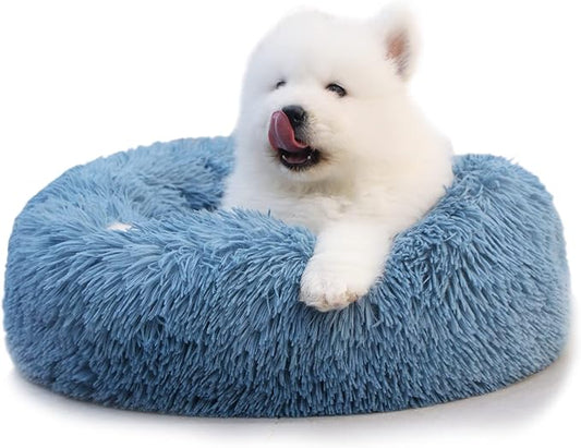 Comfy Calming Dogs Bed for Deep Sleep Small Puppy ，Puppy Bed with Fluffy Donut is for Anxiety Small Dogs，19" Round Soft Faux Fur Pet Bed for Small Dogs Under 15 lbs Machine Washable Blue - PAWPICO
