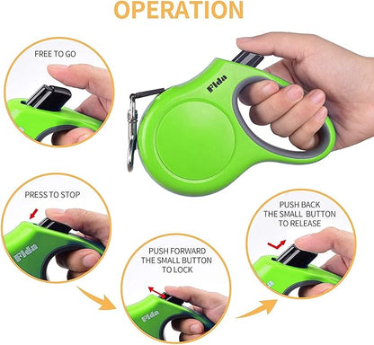 Fida Retractable Dog Leash, 10ft Heavy Duty Pet Walking Leash for X-Small Dog or Cat up to 18 lbs, Tangle Free. One-Hand Brake (X-Small, Green) - PAWPICO