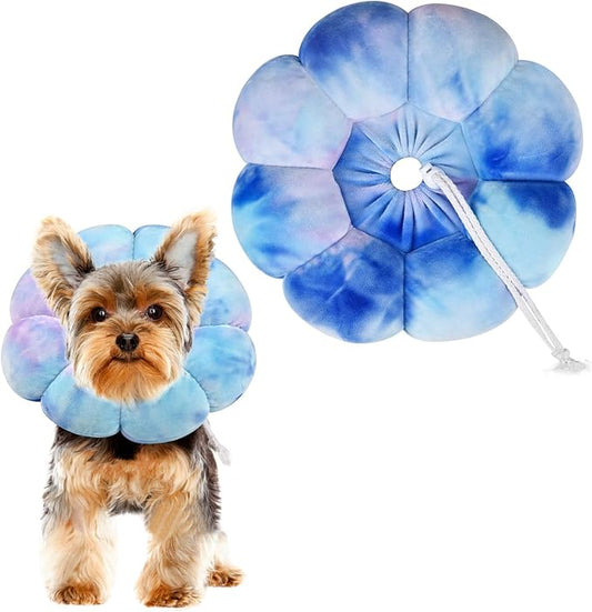 Flower Cat Cone, Uadonile Adjustable Cat Cone Collar, Soft Dog Elizabethan Collar Recovery E Collar After Surgery, Recovery E-Collar for Kittens/Puppies and Cats Recovery(Tie-dye Purple Blue, L) Uadonile