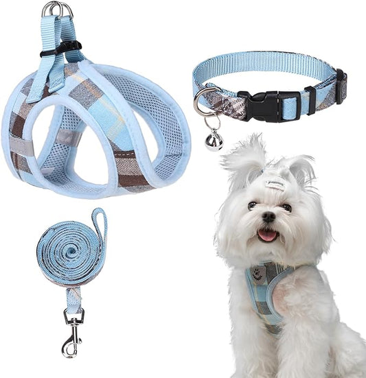 EXPAWLORER Classic Plaid Step in Dog Harness - Small Dog Collar and Leash - Soft Mesh Padded Adjustable Small Dog Vest Harness No Pull, Reflective Escape Proof for Outdoor Walking, Blue X-Small EXPAWLORER