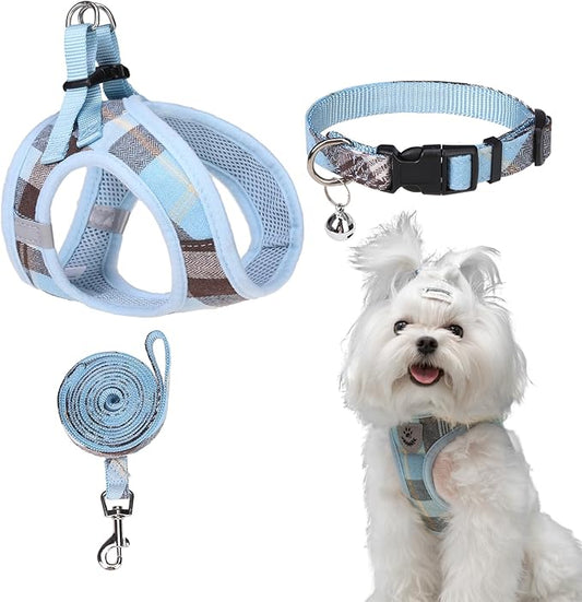 EXPAWLORER Classic Plaid Step in Dog Harness - Small Dog Collar and Leash - Soft Mesh Padded Adjustable Small Dog Vest Harness No Pull, Reflective Escape Proof for Outdoor Walking, Blue Large EXPAWLORER
