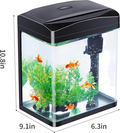 2 Gallon Aquarium Starter Kit Small Glass Betta Fish Tank Desktop Mini Fish Bowl for Shrimp Goldfish with Filter Pump LED Light PAWPICO