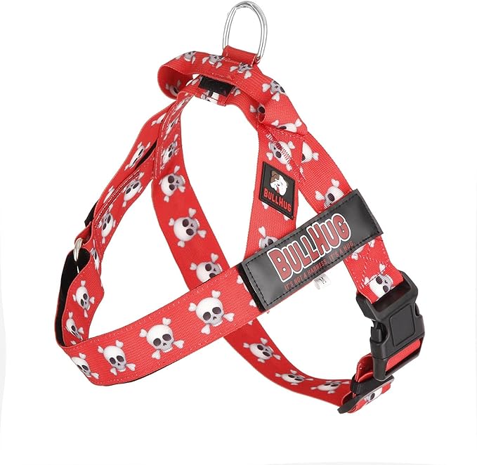 BULLHUG Harness – Made for Larger Chested Dogs Like English Bulldogs, French Bulldogs, Pugs & More. Stops Dogs from Pulling & Choking on Walks (Skull, XL) BULLHUG