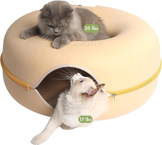 CATTASAURUS Peekaboo Cat Cave for Multiple & Large Cats Up to 30-45 Lbs, Scratch Detachable & Washable Tunnel Bed, Comfy Donut Cat Cave (Pastel Macaron, Large) - PAWPICO