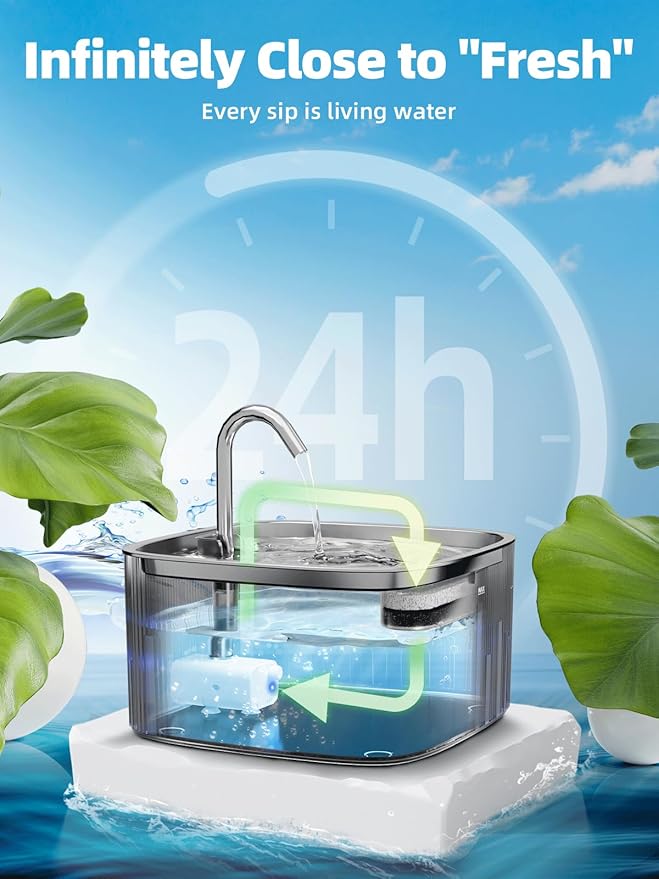 Cat Water Fountain: 75oz/2.2L Automatic Pet Water Dispenser for Cats with 304 Stainless Steel Water Tray & Faucet, Musical Wave Design with LED Indicator Pet Water Fountain for Cats Inside - PAWPICO