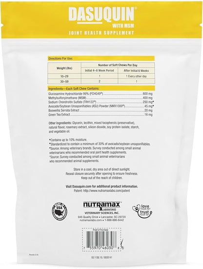 Nutramax Laboratories Dasuquin with MSM Joint Health Supplement for Small to Medium Dogs - With Glucosamine, MSM, Chondroitin, ASU, Boswellia Serrata Extract, and Green Tea Extract, 84 Soft Chews NutramaxLaboratories
