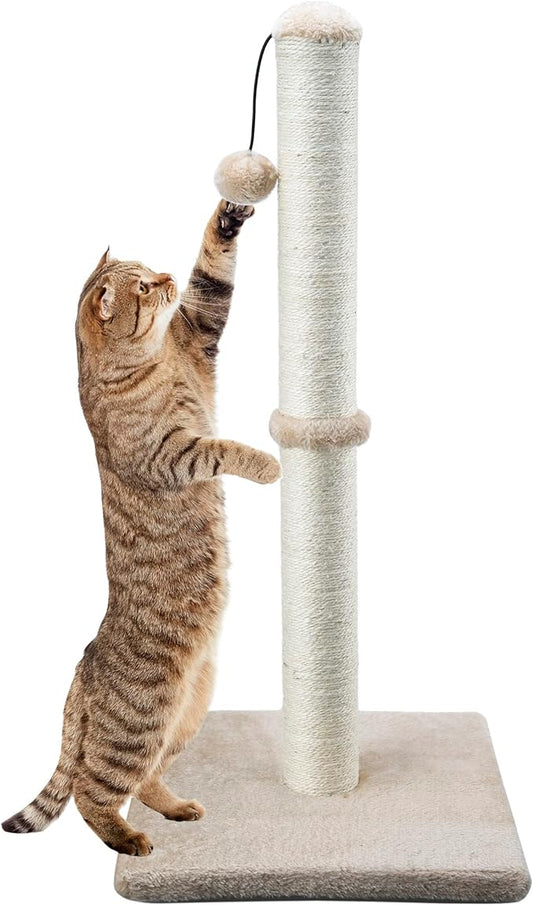 Dimaka 29" Tall Cat Scratching Post, Claw Scratcher with Sisal Rope and Covered with Soft Smooth Plush, Vertical Scratch [Full Strectch], Modern Design 29 Inches Height (Brown) - PAWPICO