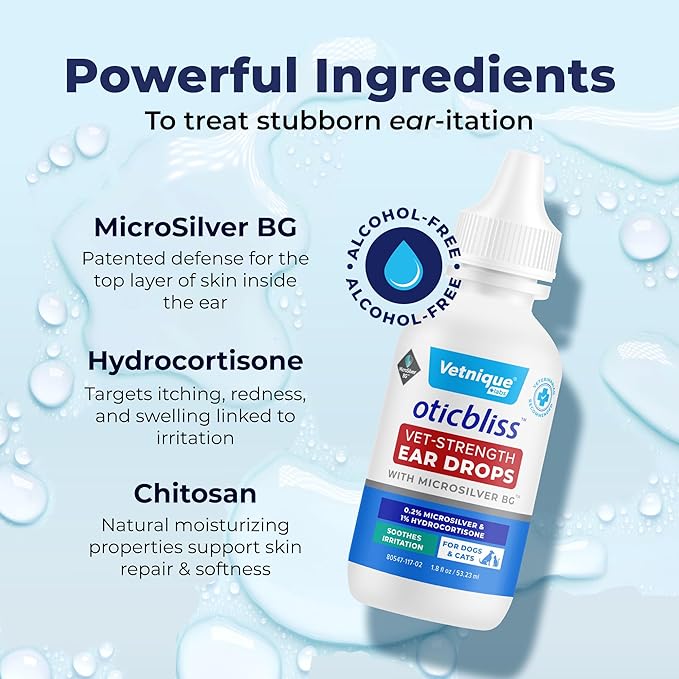 Vetnique Oticbliss Cat & Dog Ear Infection Treatment Drops - with 1% Hydrocortisone & MicroSilver BG for Dog Yeast Ear Infections - Vet Recommended Cat & Dog Ear Cleaner for Itchy Ear Relief VetniqueLabs