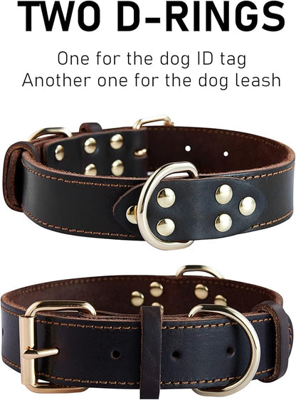 Genuine Leather Dog Collar, Heavy Duty Dog Collar, Wide Dog Collar for Small Dog, Medium Dog, Large Dog and Extra Large Dog (M: 1" Wide for 15.2"-19.2" Neck, Single Stitch - Brown) DAIHAQIKO