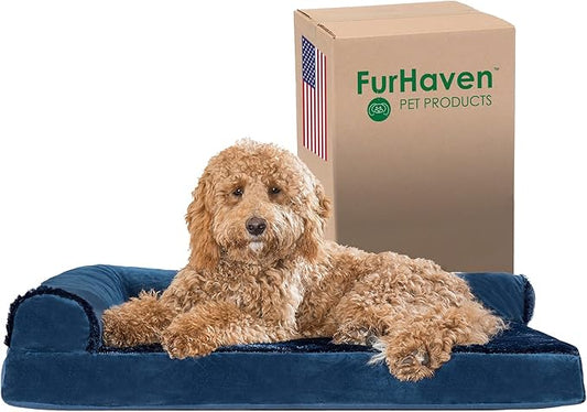 Furhaven Orthopedic Dog Bed for Large/Medium Dogs w/ Removable Bolsters & Washable Cover, For Dogs Up to 55 lbs - Plush & Velvet L Shaped Chaise - Deep Sapphire, Large - PAWPICO