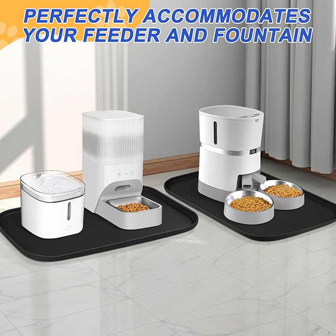 Silicone Pet Feeding Mat with Raised Edge, Dog Cat Bowl Mats for Food and Water, Pet Placemat for Floors Waterproof, 22” x 14” x 0.8” Black - PAWPICO