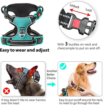Timos No Pull Dog Harness,NO Need Go Over Dogs Head 3 Snap Buckles Reflective Oxford No Choke Puppy Harness with Front & Back 2 Metal Leash Clips Soft Padded Vest Harnesses for Small Medium Large Dogs Timos
