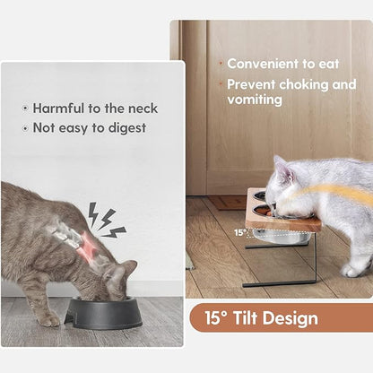 Elevated Cat Bowls, 15° Tilted Raised Cat Food Bowls Wood Pet Bowls with Stand Anti Vomiting 2 Stainless Steel Bowls for Cats and Puppy - PAWPICO