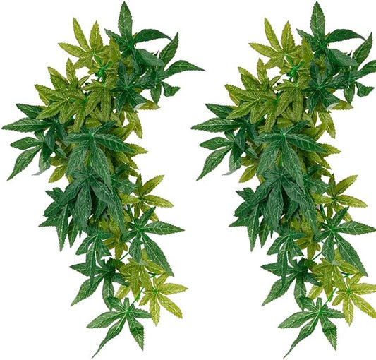 Reptile Silk Plants Leaves, Habitat Amphibian Accessories Enclosure Decor Tank Decoration Vines for Climbing, Decorate Grass Leaf with Suction Cup for Reptile & Amphibian Habitat Plants PAWPICO