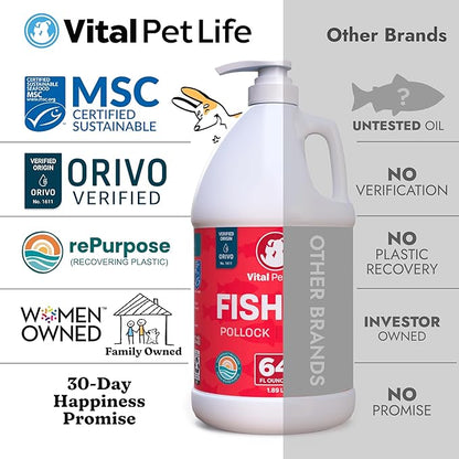 Fish Oil for Dogs - Healthy Skin & Coat, Salmon, Pollock, All Natural Supplement for Pets, Itching Scratching Allergy & Inflammation Defense, Omega 3 EPA DHA, Brain & Heart Health, 64 oz VitalPetLife