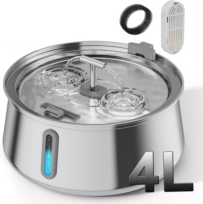 Cat Water Fountain,Automatic 134oz/4L Cat Fountain with Water Level Window,Dog Water Dispenser,Stainless Steel Pet Water Fountain,Quiet Pump,for Multiple Pets - PAWPICO