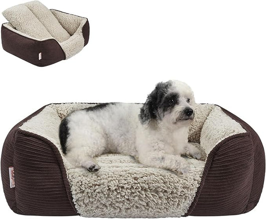 Miguel Washable Dog Bed with Removable Cushion for Medium Small Dogs, Easy to Wash Pet Sofa Bed with Side, Rectangle Bolster Cat Bed Calming Cuddle Puppy Bed with Anti-Slip Bottom, Dark Brown 25 Inch - PAWPICO