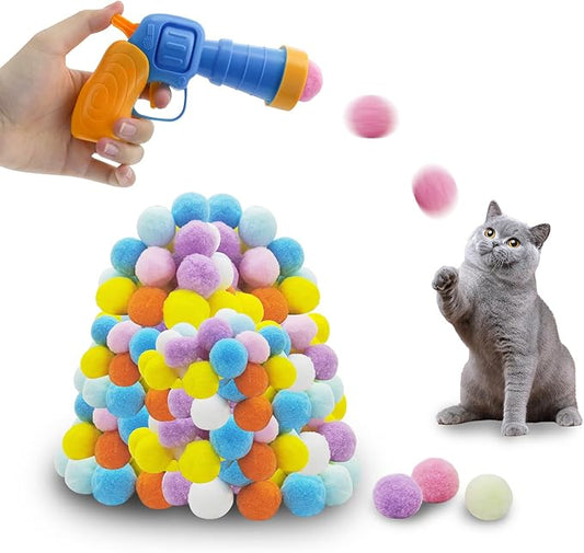 Andiker Cat Toy Balls Set, 30pcs Plush Cat Pom Pom Balls&a Plastic Launcher Set for Cat Catch&Fetch Interactive Cat Toy with Colorful&Soft Cat Balls for Indoor Cats to Keep Fit (Blue 100balls) - PAWPICO