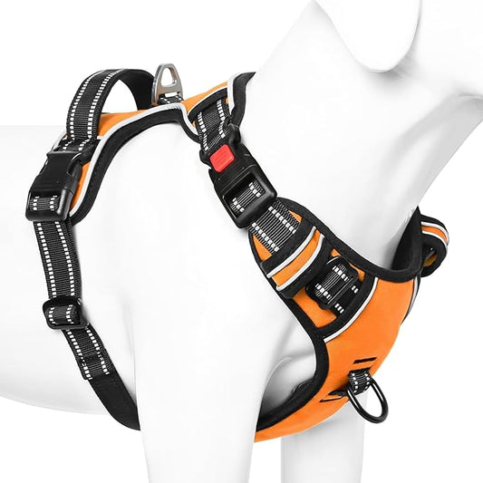 Timos Dog Harness Medium Sized, No Pull Dog Harness with Neck Lockable Snap,No Choke Front Clip Dog Reflective Harness,Adjustable Metal Rings 3 Buckles,Easy Control Handle for Medium Dogs Orange M Timos