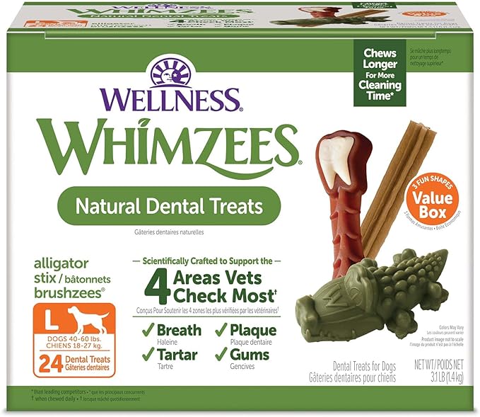 WHIMZEES by Wellness Long lasting Dog Chews Value Box: All Natural Grain Free Treats to Help Clean Teeth & Reduce Plaque & Tartar - for Dogs 40-60 Lbs - 24 Count - PAWPICO