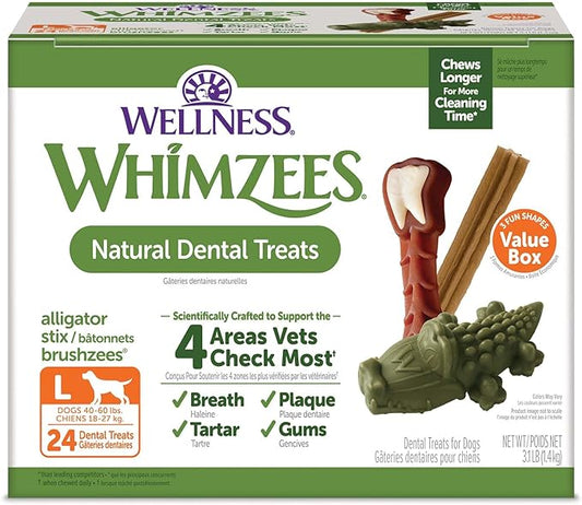 WHIMZEES by Wellness Long lasting Dog Chews Value Box: All Natural Grain Free Treats to Help Clean Teeth & Reduce Plaque & Tartar - for Dogs 40-60 Lbs - 24 Count - PAWPICO