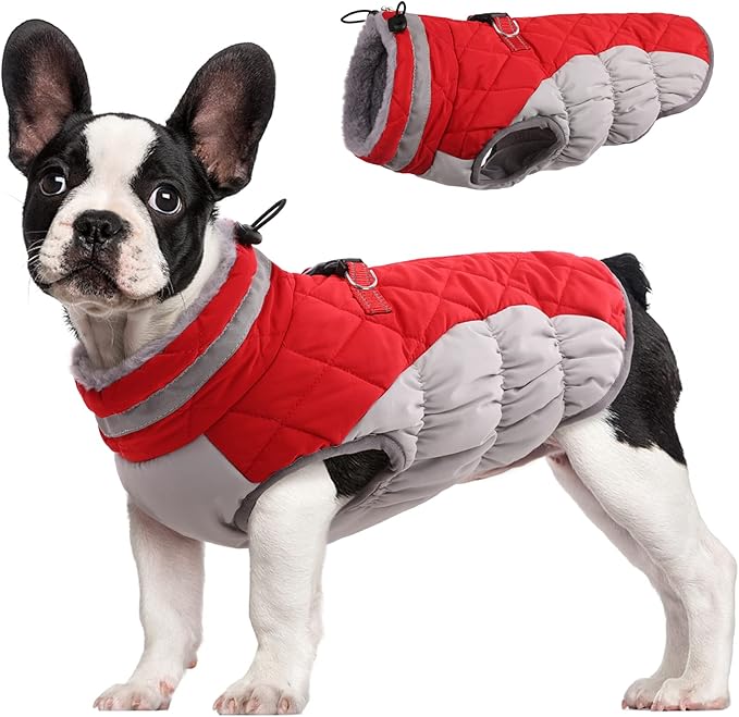 FUAMEY Dog Winter Coat - Warm Fleece Vest with Built-in Harness, Waterproof Windproof Reflective Snow Jacket for Dogs with Zipper, Red X-Small - PAWPICO