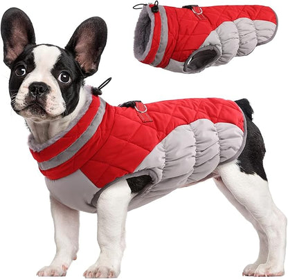 FUAMEY Dog Winter Coat - Warm Fleece Vest with Built-in Harness, Waterproof Windproof Reflective Snow Jacket for Dogs with Zipper, Red X-Small - PAWPICO