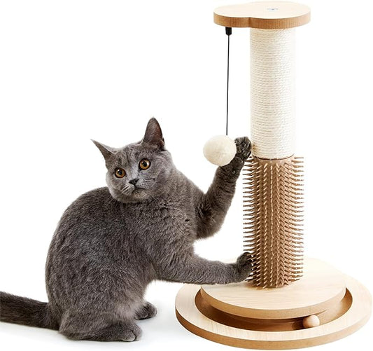 Made4Pets Cat Scratching Post 18" Tall for Small Kittens, 4-in-1 Cat Scratcher with Natural Sisal Ropes, Wooden Turntable Track Toy with Self Grooming Brush, Premium Scratch Pole with Plush Balls - PAWPICO