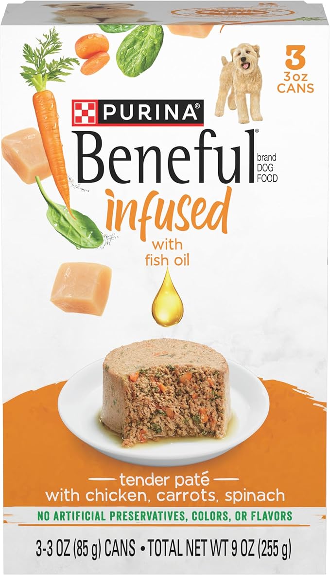 Purina Beneful Infused Wet Pate Dog Food with Real Chicken, Carrots and Spinach, with Fish Oil for Dogs - (8 Packs of 3) 3oz. Sleeves - PAWPICO