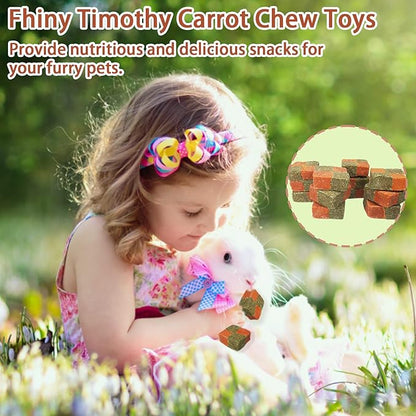 Fhiny 12 PCS Rabbit Carrots Chew Toys, Natural Timothy Hay Biscuit Cubes Rabbit Carrot Molar Treats Small Pet Snacks for Bunny Hamster Chinchilla Guinea Pig or Other Small Animals Fhiny