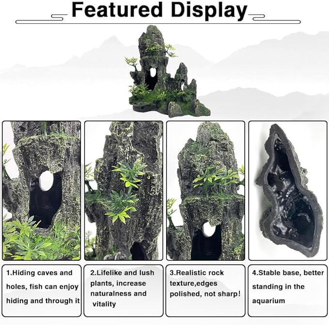 Aquarium Decorations Large and Tall Large Aquarium Decorations for Fish Tank Decorations Fish Tank Ornaments Mountain View Stone Ornament Tree Rock Cave Artificial Fish Tank Ornament GOLOMOZ