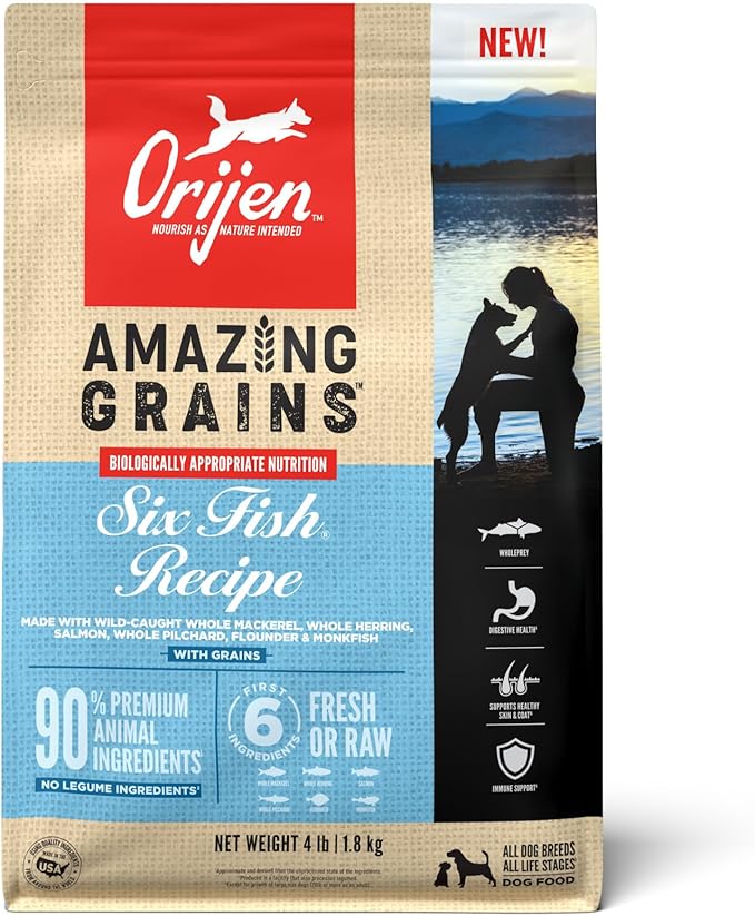 ORIJEN Amazing Grains Six Fish Recipe Dry Dog Food, High Protein Dog Food, Fresh or Raw Ingredients, 4lb - PAWPICO