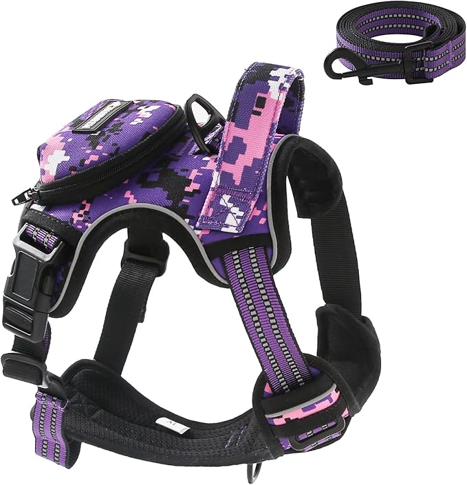 No Pull Dog Harness for Medium Dogs, Adjustable No Choke Pet Vest with Dog Leash Fit Smart Reflective Pet Walking Harness for Training Easy Control Soft Handle Purple Camo M BUMBIN