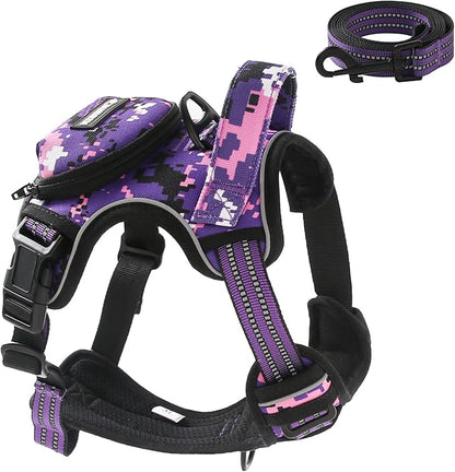 No Pull Dog Harness for Medium Dogs, Adjustable No Choke Pet Vest with Dog Leash Fit Smart Reflective Pet Walking Harness for Training Easy Control Soft Handle Purple Camo M BUMBIN