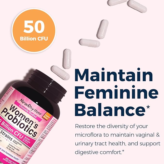 NewRhythm Women's Probiotics, Organic Cranberry for Women's Vaginal Health, 50 Billion CFU 18 Strains, Probiotics and Prebiotics, Support Digestive Health, 60 Vegan Capsules NewRhythm