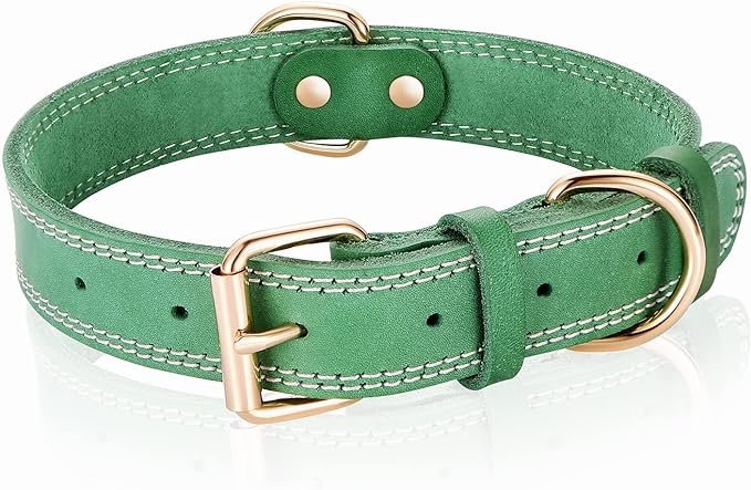Leather Dog Collar, Heavy Duty, Wide, Genuine, for Medium & Large Dogs, Dual Stitch - Green DAIHAQIKO